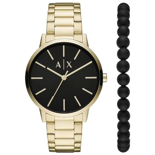 Offerta a tempo: Armani Exchange Orologio da uomo, Movimento al quarzo a tre lancette e cassa da 42 mm con cinturino in acciaio, Set oro e nero - 56% da 119.75 € a 52.40 €
