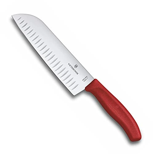 Victorinox Swiss Classic Santoku knife, Asian-style knife, extra-sharp blade, bevelled edge, 17 cm, stainless steel, blister, Red