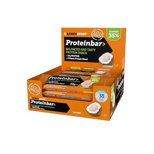 Offerta a tempo: NAMEDSPORT Proteinbar Barretta Energetica con 35% di Proteine | Ideale come Spuntino o Post Workout | Senza Glutine e Olio di Palma | Brand of Italy | Box da 12x50 g Gusto Cocco - 61% da 27.48 € a 10.60 €