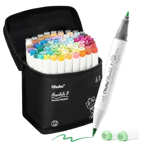 Zeitlich begrenztes Angebot: Ohuhu Alkoholmarker mit Pinselspitze – 72 Farben Doppelspitziges Set Für Künstler: Alkoholbasierte Zeichenmarker zum Illustrieren & Kolorieren – Honolulu B – Pinsel & Feinspitze – Nachfüllbar von 69.99 € auf 69.99 € (0.00% Rab