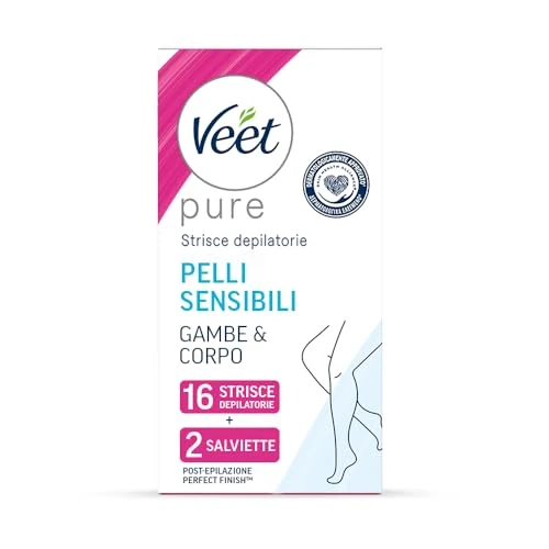 Veet Strisce Depilatorie Gambe e Corpo, Ipoallergeniche e Dermatologicamente Testate, 16 Strisce (8x2 Strisce) + Salviette Post-Epilazione Idratanti