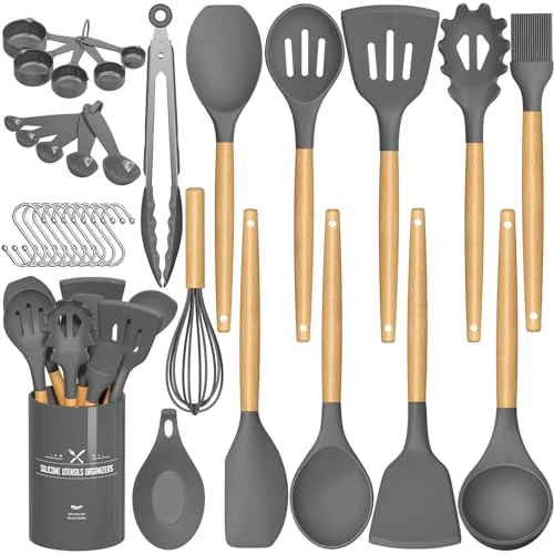 Limitiertes Angebot: Umite Chef Küchenutensilien-Set, antihaftbeschichtet, Silikon, Küchenutensilien, Spachtel-Set mit Halter, Holzgriff, hitzebeständiges Silikon, 33-teilig, Grau von 24.99 EUR auf 15.19 EUR (Spare 39%)