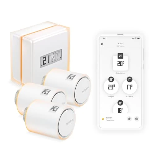 Inteligentny termostat Netatmo + 3 inteligentne głowice termostatyczne, WiFi, zdalne sterowanie za pośrednictwem aplikacji, kompatybilne z indywidualnym ogrzewaniem, NBU-NTH-Nav-EU.