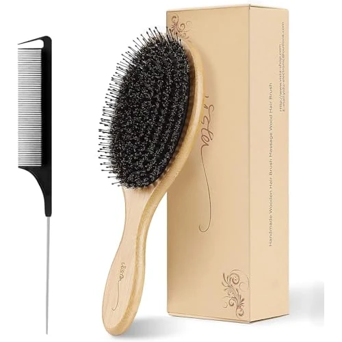 Offerta a tempo: Vista Spazzola Setole Cinghiale Naturale con Manico in Bambù Spazzola per Capelli Professionale e Pettine Capelli a Coda di Metallo per Capelli di Spessore Normale o Medio - 0.00% da 15.99 € a 15.99 €
