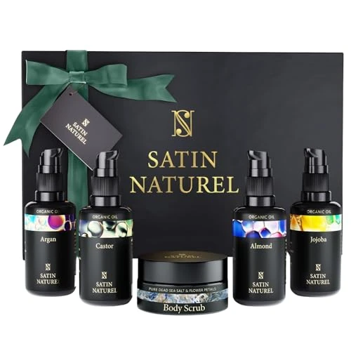Oferta limitada: Satin Naturel Cofre Regalo Lujoso para Mujer – Set 5×30 ml con Aceite de Argán, Aceite de Jojoba, Aceite de Almendras y Exfoliante Corporal – Spa y Aroma – Idea Regalo Navidad – Edición Navideña de 34.99 EUR a 27.99 EUR (ahorro 20%)