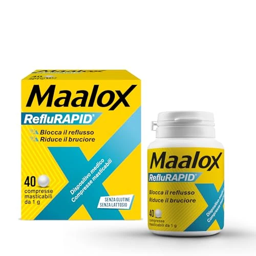 Offerta a tempo: Maalox Reflurapid Blocca il Reflusso Gastroesofageo, Riduce Bruciore e Acidità di Stomaco, anche in Gravidanza - con Bicarbonato di Sodio, Senza Glutine, Senza Lattosio (40 Compresse Gusto Menta) — 22% da 9,90 € a 7,74 €