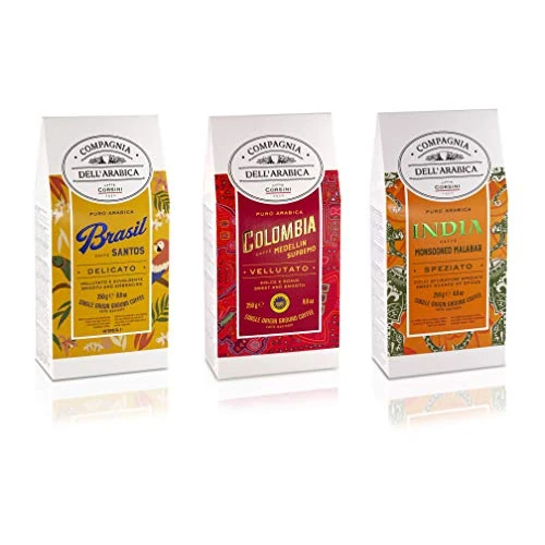 Offerta a tempo: Caffè Corsini Compagnia Dell'Arabica, Tris of ground coffee, Brazil Colombia India, Arabica, Monorigine Specialty Coffee, Pack of 3 Coffees, 3 x 250 g - 20% da 27.99 € a 22.40 €
