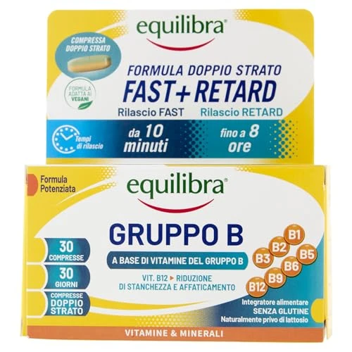 Offerta a tempo: equilibra, Vitamine Gruppo B, Alto dosaggio B12 1000 mcg con Rilascio FAST e Fino a 8 Ore, Vegan, 30 Compresse Doppio Strato, Benessere Fisico-Mentale, Riduce Stanchezza e Affaticamento - 36% da 8.99 € a 5.73 €