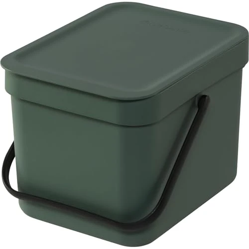 Brabantia Sort & Go Pattumiera 6L (Fir Green), Pattumiera cucina in plastica con maniglia, Secchio spazzatura salvaspazio con coperchio stay open rimovibile, Cestino umido facile da pulire