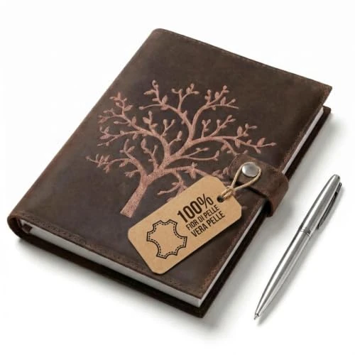 Offerta a tempo: moonster Quaderno Ricaricabile in Pelle - Design Albero della Vita - Taccuino Pelle Artigianale Quadernino Appunti con Porta Penna – Porta Agenda con Quaderno A5 a Righe e Penna d’Argento - 0.00% da 21.99 € a 21.99 €