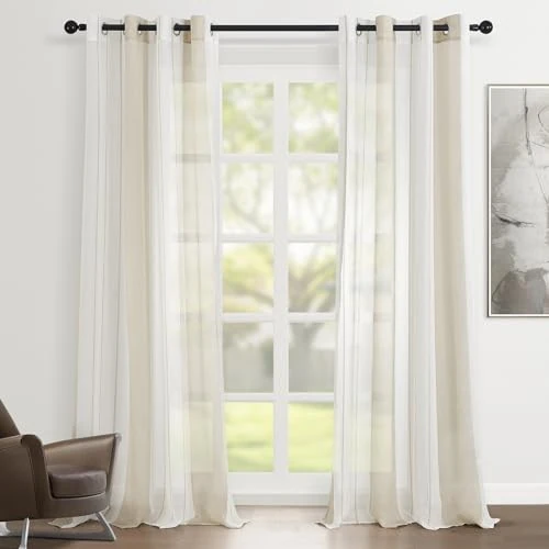 Topfinel Transparent eyelet voile curtains with narrow stripes, set of 2, each 235 x 140 cm (H x W) khaki