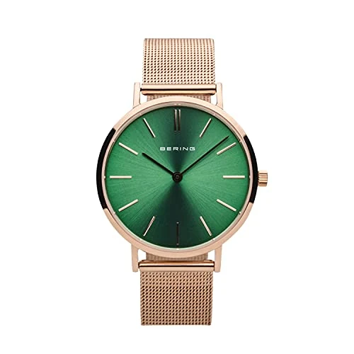 Oferta limitada: BERING 14134-368 Reloj de cuarzo para mujer con caja de acero inoxidable de 34 mm con acabado en oro rosa y esfera verde, correa milanesa, cristal de zafiro y resistencia al agua de 3 ATM de 169.00 EUR a 83.29 EUR (ahorro 51%)