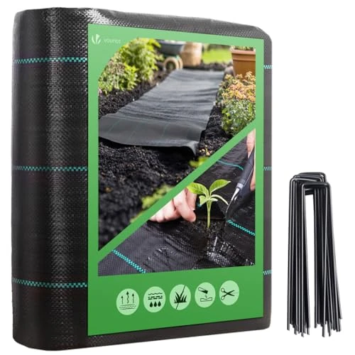 Offerta a tempo: VOUNOT® Telo Pacciamatura 2m x 10m 100g/m², con 30 Picchetti a U, Telo Anti Erbacce per Orto, Giardino, Stabilizzazione UV, Nero - 36% da 28.99 € a 18.67 €