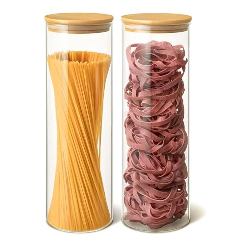 Offre limitée : Praknu 2 Bocaux à Spaghetti en Verre – Pâtes – Couvercle en Bambou – Pasta de 22.67 € à 22.67 € (0.00% de remise)