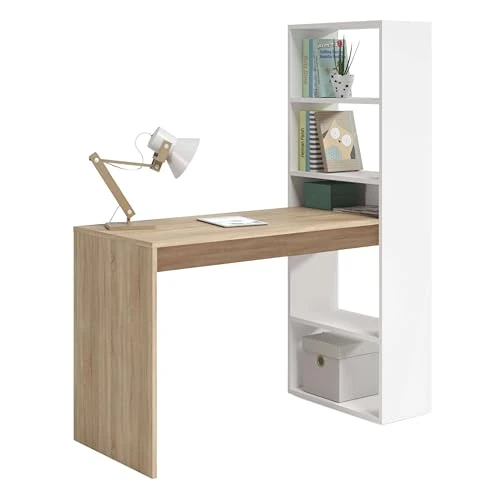 Habitdesign Reversible Desk with Five Shelves Bookcase White and Oak 120 x 144 x 53 cm