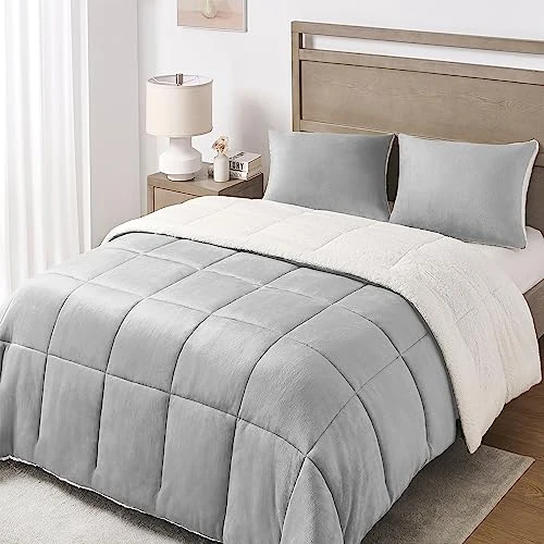 Offerta a tempo: Basic Beyond Micromink Sherpa - Set copripiumino reversibile per letto, 3 pezzi (Sherpa grigio, Queen) - 0.00% da 22.84 € a 22.84 €