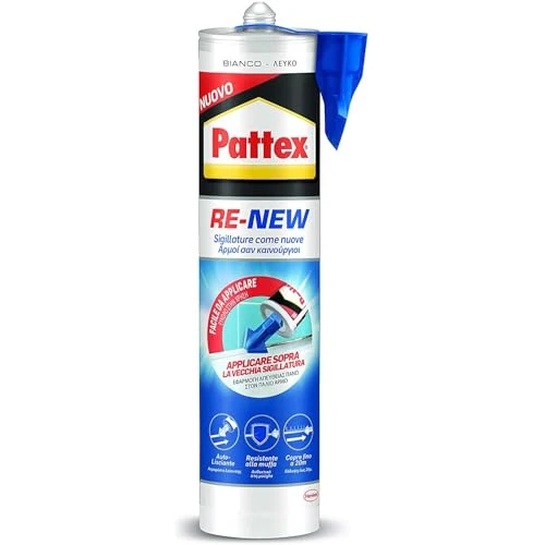 Offerta a tempo: Pattex RE-NEW cartuccia silicone, silicone bianco per piastrelle e sanitari, rinnova sigillature facile da usare, impermeabile e con tripla azione antimuffa, 280ml cartuccia - 22% da 14.29 € a 11.09 €