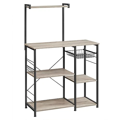 VASAGLE Scaffale da Cucina, Supporto per Forno a Microonde, Mobile Cucina, con Cestino a Filo Metallico, 6 Ganci, per Spezie, Pentole e Padelle, Greige e Nero KKS035B02