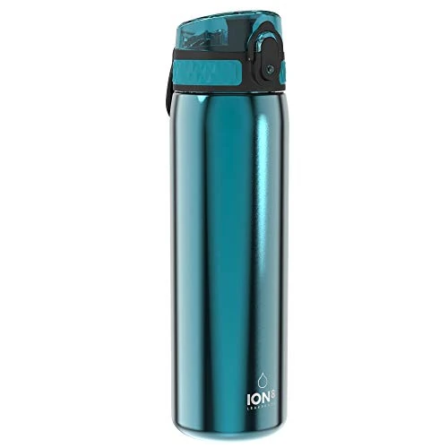 Ion8 Lightweight Steel Water Bottle, 600ml/20oz, Non-Insulated, Leak Proof, Easy to Open, Secure Lock, Dishwasher Safe, Flip Cover, Fits Cup Holders, Carry Handle, Metal Water Bottle, Metallic Aqua