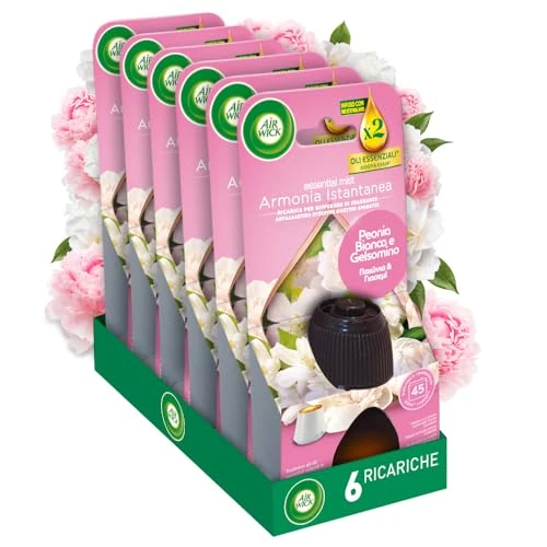 Offerta a tempo: Airwick Ricariche per Diffusore di Oli Essenziali Armonia Istantanea, Confezione da 6 Ricariche per il Diffusore di Oli Essenziali Profumatore per Ambienti alla Fragranza di Peonia e Gelsomino - 15% da 29.94 € a 25.38 €
