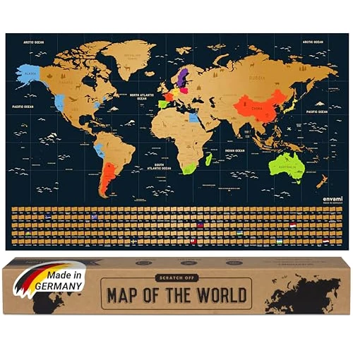 Offre limitée : envami® Carte du monde à gratter – Fabriqué en Allemagne - 68 x 43 cm – dorée – planisphère mural de voyage – poster carte à gratter – scratch off map – cadeau voyage pour voyageur de 22.99 € à 22.99 € (0.00% de remise)