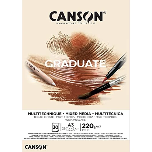Canson Graduate, Papel Mixed Media, Doble cara: Granulada y lisa, 220g, Encolados por el lado corto, A3-29,7x42cm, Natural, 30 Hojas