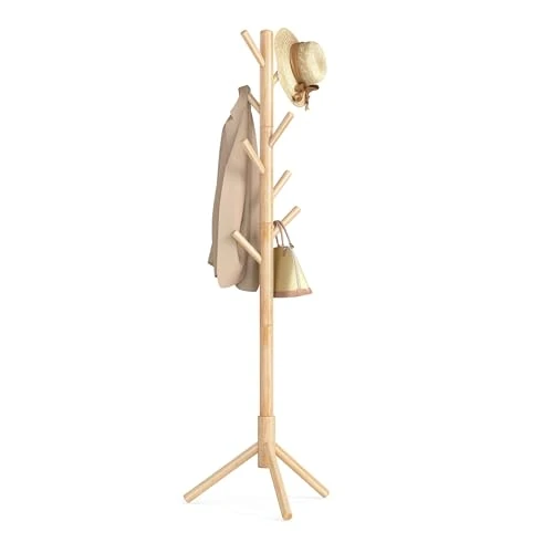 VASAGLE Wooden Tree Shaped Coat Stand with 8 Hooks 3 Adjustable Height for Clothes Hats Bags Entrance Living Room Bedroom Office Wood Color RCR004N01
