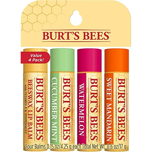 Burt's Bees 100% natuurlijke, hydraterende lippenbalsem, vers geoogst - bijenwas, komkommermunt, watermeloen en zoete mandarijn - {4 tubes × 4,25 g}, 4 stuks (1 stuk)
