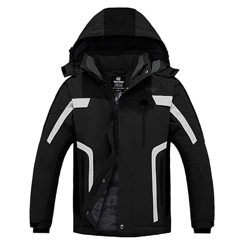 Wantdo Homme Veste de Ski Outdoor Veste Imperméable Coupe-Vent Manteau d'hiver Chaud avec Capuche Amovible Veste Randonnée pour Voyage Noir+Gris L