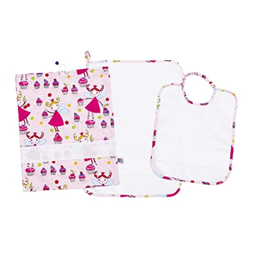 Zeitlich begrenztes Angebot: FILET - Set Kindergarten Drei Teile Stickerei, bestehend aus Lätzchen mit Elastisch, Handtuch, Wechselbeutel und Serviettenbeutel/Lätzchen, Made in Italy, Fantasie Cupcakes Rosa Hintergrund von 16.27 € auf 16.27 € (0.00% Rabat