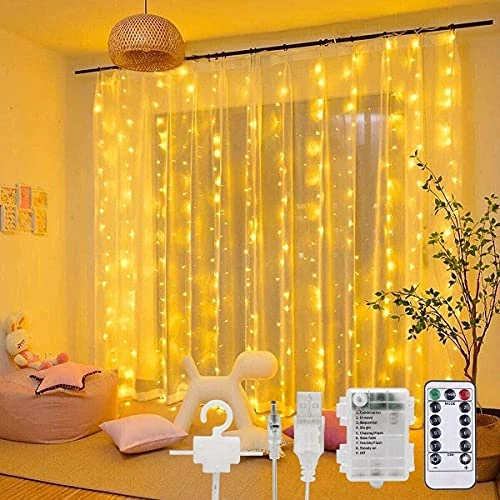 Lichtgordijn, 300 leds, 3 m x 3 m, lichtketting, werkt op batterijen, met USB, afstandsbediening, 8 modi, waterdicht, lichtgordijn, Kerstmis, voor binnen, buiten, raam, feest, bruiloft