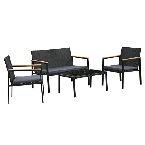 Offerta a tempo: Outsunny Set 4 Pezzi Salotto da Esterni con 2 Sedie, Divano e Tavolino | Mobili da Giardino in Rattan e Acciaio Nero - 34% da 188.95 € a 125.64 €