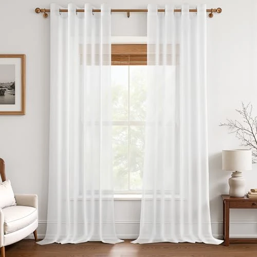 MRTREES Voile Curtains 102 Inch Drop 2 Panels Faux Linen Eyelet Sheer Curtain Panel for Bedroom Living Room Patio Door 55x102 Inch Drop 140cm x 260cm White