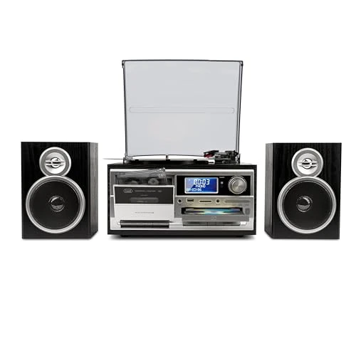 Trevi TT 1072 DAB, 33, 45 und 78 RPM Vinyl-Plattenspieler, Kabelloser Vinyl-Player, CD- und MP3-Player, USB und SD, 25W, DAB/DAB+ FM Digitalradio, Kopfhörerbuchse, Bassreflex-Lautsprecher, Schwarz