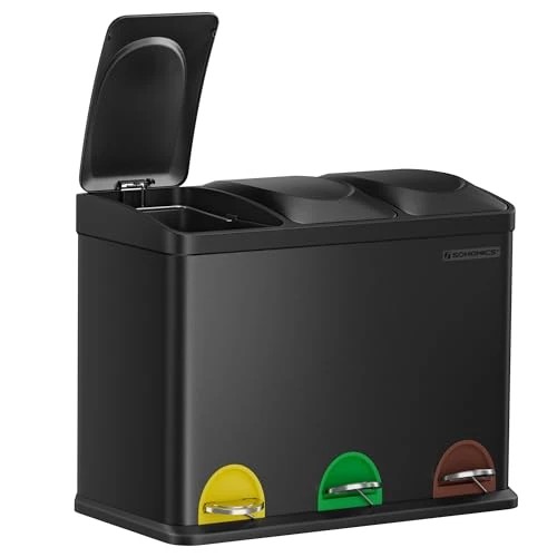 SONGMICS Triple Kitchen Bin, Recycling Bin, Pedal, Metal Trash Bin, 45 L, Waste Separation System Kitchen Bin, 3 x 15 L, with Lid, Steel, Black LTB45B