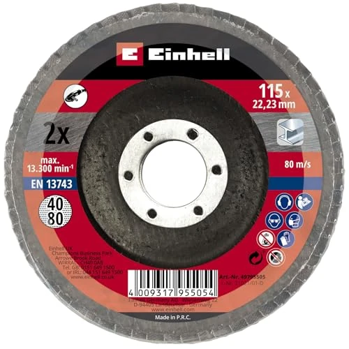 Zeitlich begrenztes Angebot: Original Einhell 2-tlg. Fächerscheiben-Set (Winkelschleifer-Zubehör, Korn P40 und P80, Ø 115 x 22,23 mm, Schleifmop, Lamellenscheiben für Metall und Stahl) von 6.99 € auf 6.99 € (0.00% Rabatt)