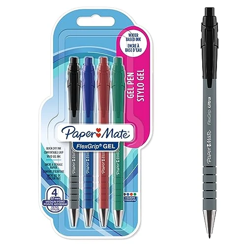 Paper Mate FlexGrip bolígrafos de gel | 0,7 mm | Tinta negra | azul | roja y verde | Material escolar | 4 unidades