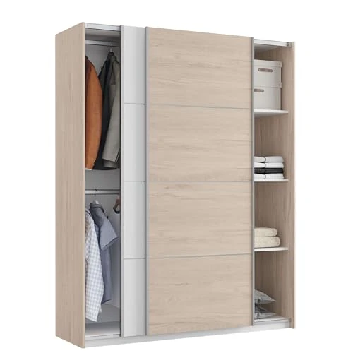 Muebles Pitarch | Armoire de Chambre 2 Portes Coulissantes Profil Aluminium, 2 Barres,Blanc et Chêne Aurora, 200x150x62 cm (hauteur x largeur x profondeur), Moderne, modèle Onix
