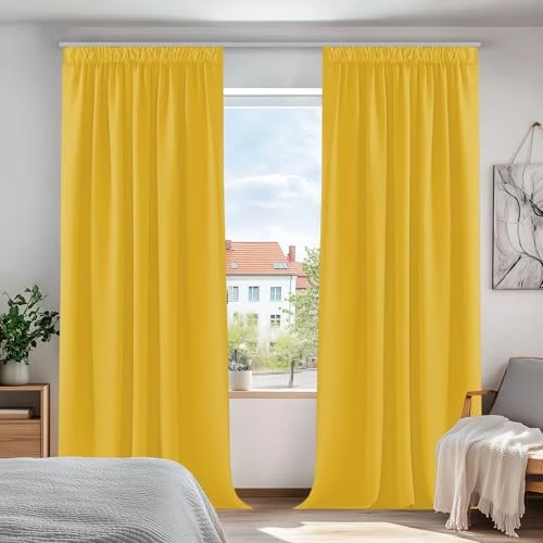 Zeitlich begrenztes Angebot: Deconovo Verdunkelungsvorhänge Dicke Thermovorhänge mit Kräuselband Gardine, 200x140cm(HöhexBreite), Senfgelb, 2er Set von 42.95 € auf 40.95 € (5% Rabatt)