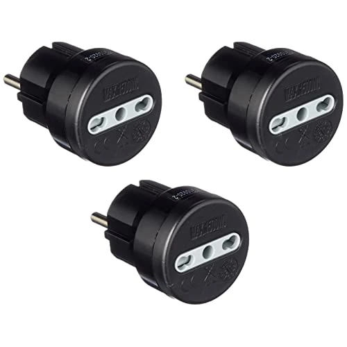 Electraline 92381 Adaptateur Prise 10/16 A, Prise Schuko Adapté pour Voyage en Allemagne, Espagne, Portugal, Autriche, Grèce, Turquie, Noir, Pack de 3