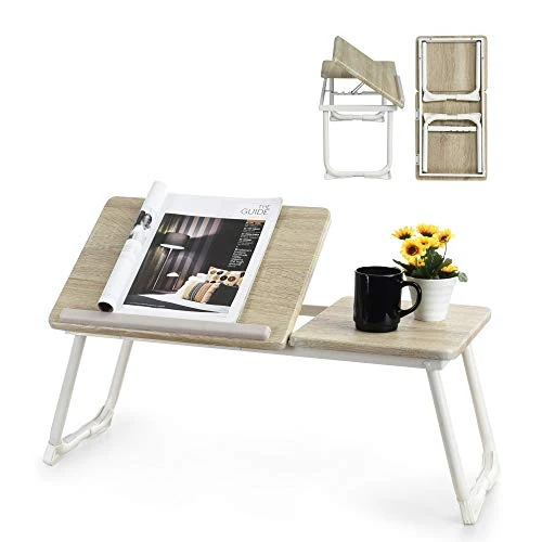MEUBLE COSY Bed Table Folding Laptop Stand Height Adjustable Oak Finish Top White Metal Base 65x30x27,5 cm