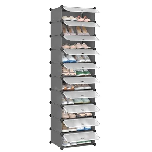 Offerta a tempo: SONGMICS Scarpiera a 10 Scomparti, Scaffale Componibile in Plastica, Armadietto Portascarpe Fai da Te con Ante e Martelletto, Mobiletto Porta Scarpe, Grigio LPC010G01 - 15% da 32.99 € a 28.04 €