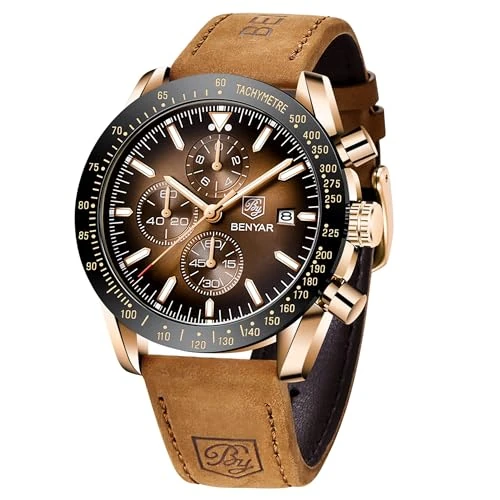 Offerta a tempo: BENYAR Orologio da Uomo Cronografo Analogico Movimento al Quarzo Impermeabile Luminoso Moda Sportivo Affari Orologio da Polso Cinturino in Pelle Elegante Regalo per Uomo - 47% da 79.99 € a 42.49 €