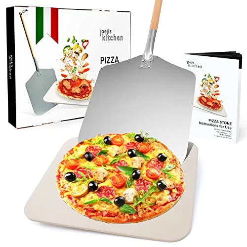 Offerta a tempo: Joeji's Kitchen Pietra refrattaria per forno con Pala per Pizza 30cm x 38cm Pietra per pizza & pala in alluminio per pizza, Anche per cuocere pane - 36% da 49.99 € a 31.99 €