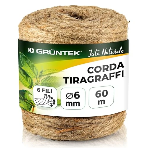 Offerta a tempo: GRÜNTEK Corda Tiragraffi per Gatti 6mm - Spago per Decorazioni, Orto, Giardinaggio 60 Metri | Corda Sisal in Juta 100% Naturale Canapa Biodegradabile e Resistente. - 0.00% da 12.99 € a 12.99 €