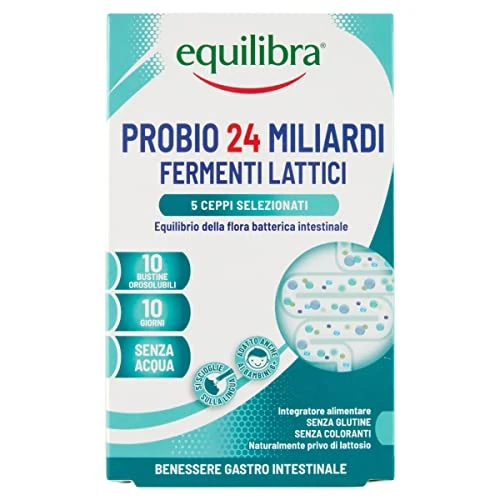 Offerta a tempo: Equilibra Integratori Alimentari, Probio 24 Miliardi, Integratore Di Fermenti Lattici Per L'Equilibrio Della Flora Intestinale, Senza Acqua, Senza Glutine, 10 Bustine Orosolubili — 28% da 10,99 € a 7,89 €