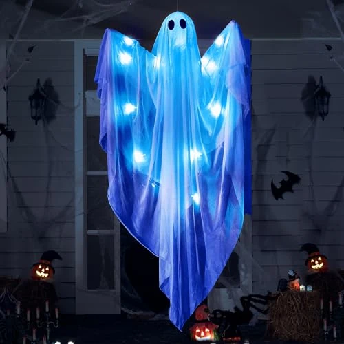 Offerta a tempo: JOYIN Fantasma da appendere per Halloween, con luce a LED blu spaventosa, 120 cm, fantasmi bianchi, ideale per Halloween, decorazione da appendere in giardino, cortile - 0.00% da 22.99 € a 22.99 €