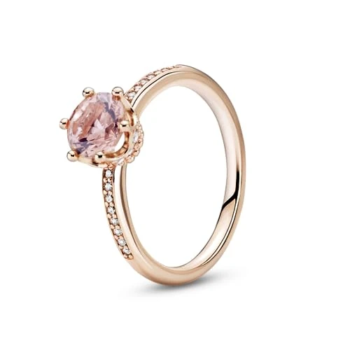 Offerta a tempo: PANDORA Signature Anello con corona rosa brillante placcato in oro rosa 14 carati con cristallo rosa cipria e zirconi cubici trasparenti, 52 - 40% da 99.00 € a 59.40 €