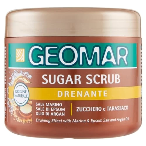 GEOMAR | Sugar Scrub Corpo Drenante, Con Sale Marino, Sale di Epsom, Olio di Argan ed estratti di Zucchero e Tarassaco, 95% di Origine Naturale, Made in Italy, 600 g