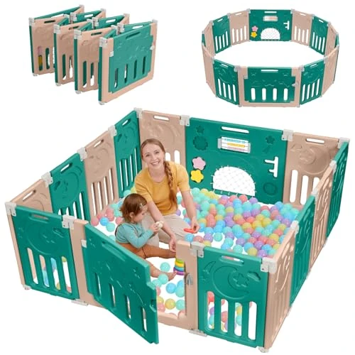 Offerta a tempo: Dripex Box Bambini 150×150 cm, Recinto per Bambini Pieghevole, Box Neonato in Forma Adattabile, Recinto Neonato in Plastica, Marrone e Verde - 10% da 124.99 € a 112.80 €